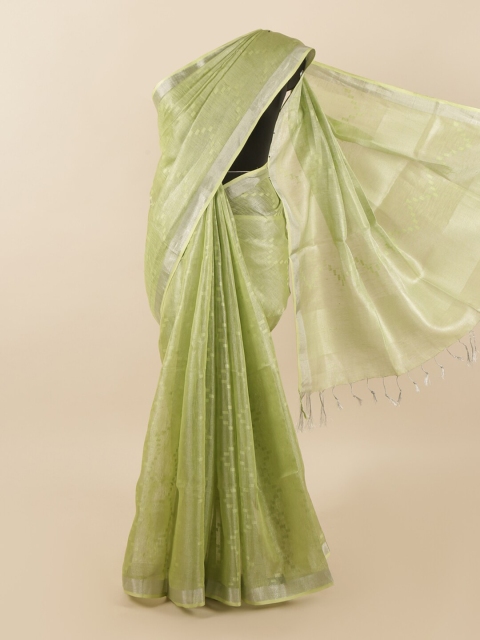 

Pothys Green & Gold-Toned Woven Design Zari Linen Blend Saree