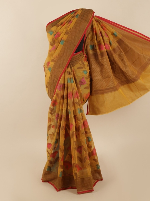 

Pothys Mustard Yellow & Brown Floral Supernet Saree