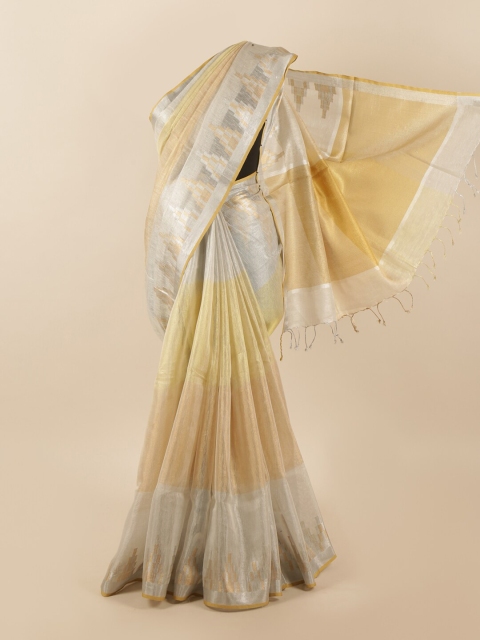 

Pothys Yellow & Silver-Toned Colourblocked Linen Blend Saree