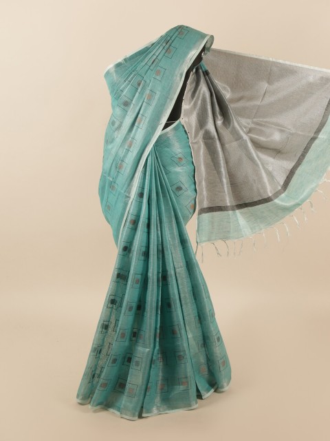 

Pothys Green & Grey Printed Zari Linen Blend Saree
