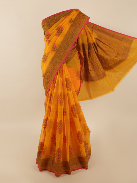 

Pothys Mustard Yellow & Gold-Coloured Ethnic Motifs Supernet Saree