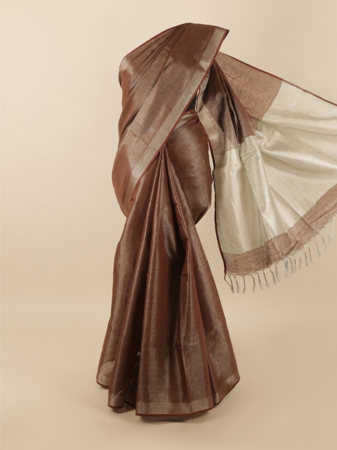 

Pothys Brown & Silver-Toned Zari Linen Blend Saree