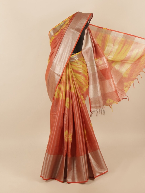 

Pothys Orange & Silver-Toned Tie and Dye Zari Linen Blend Saree