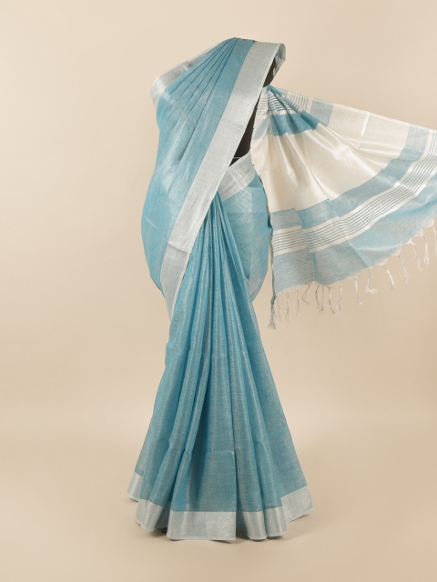 

Pothys Blue & Silver-Toned Zari Linen Blend Saree