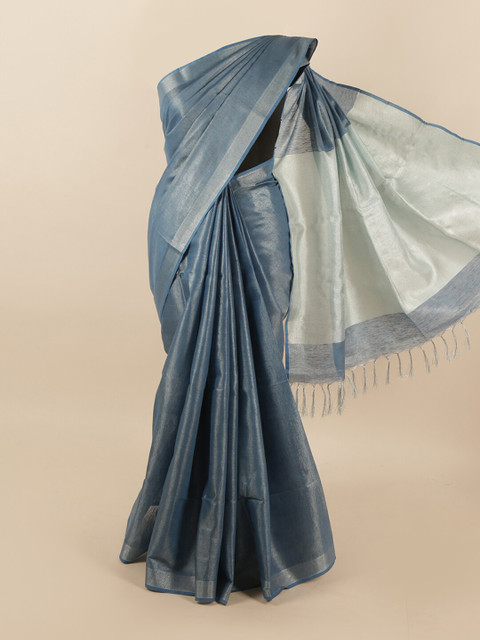 

Pothys Blue & Silver-Toned Zari Linen Blend Saree