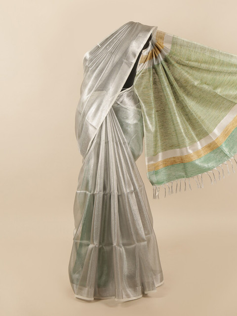 

Pothys Silver-Coloured & Green Zari Linen Blend Saree