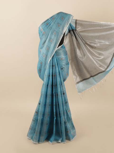 

Pothys Blue & Silver-Toned Zari Border Linen Blend Saree