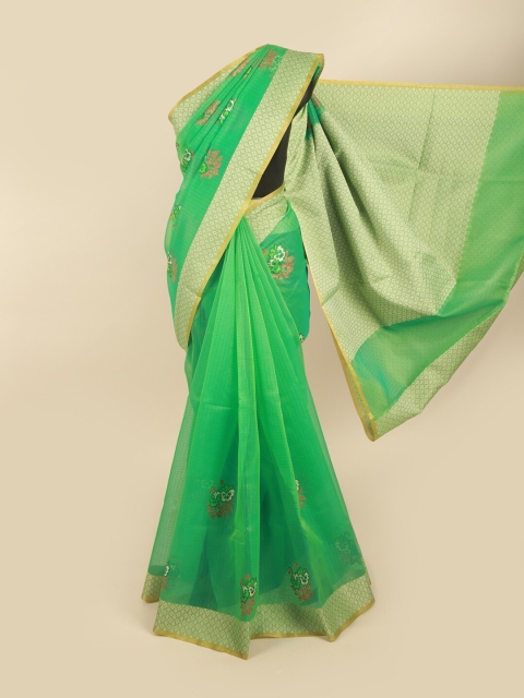 

Pothys Green & Gold-Toned Floral Supernet Saree
