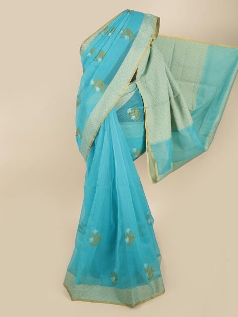 

Pothys Turquoise Blue & Green Floral Supernet Saree