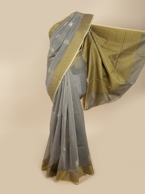 

Pothys Grey & Gold-Toned Floral Printed Zari Supernet Saree