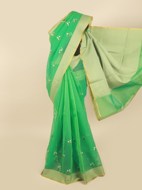 

Pothys Green & White Floral Supernet Saree