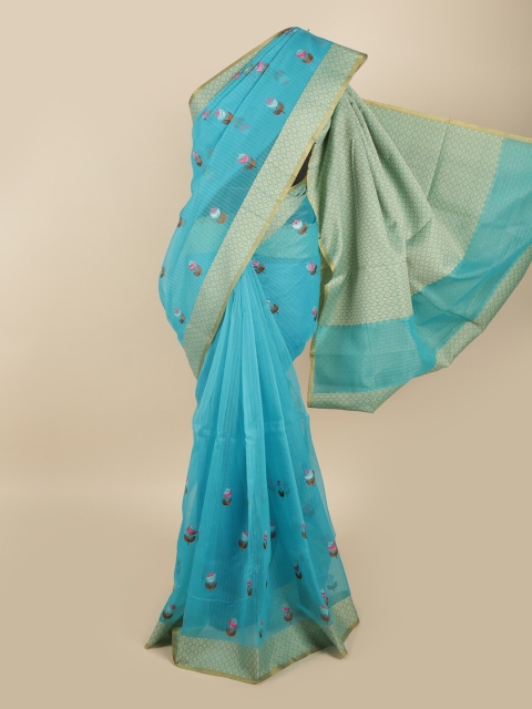 

Pothys Blue & Gold-Toned Floral Embroidered Supernet Saree