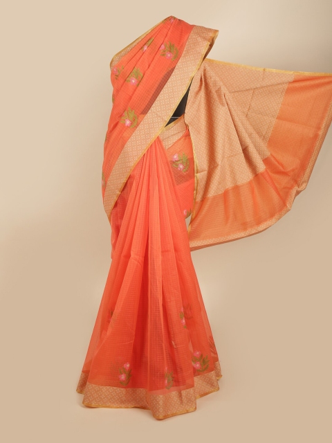 

Pothys Peach-Coloured & Green Ethnic Motifs Embroidered Supernet Saree