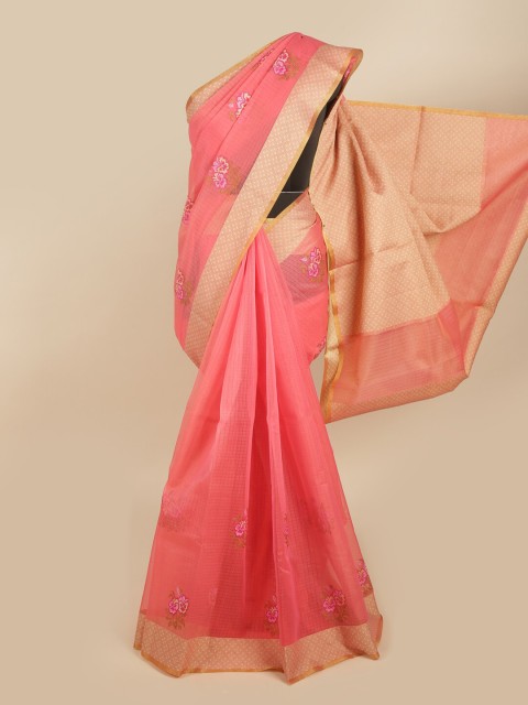 

Pothys Pink & Gold-Toned Woven Design Zari Supernet Saree
