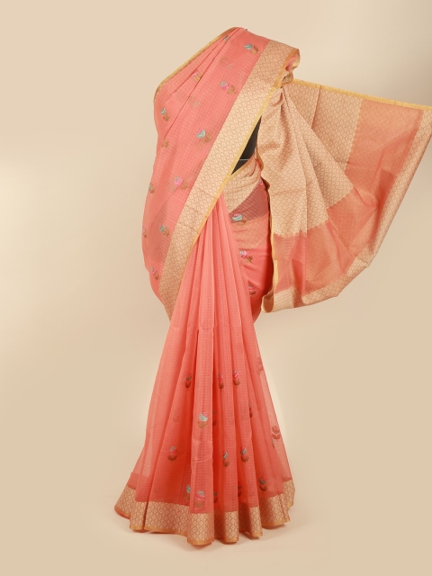 

Pothys Peach-Coloured & Blue Floral Supernet Saree