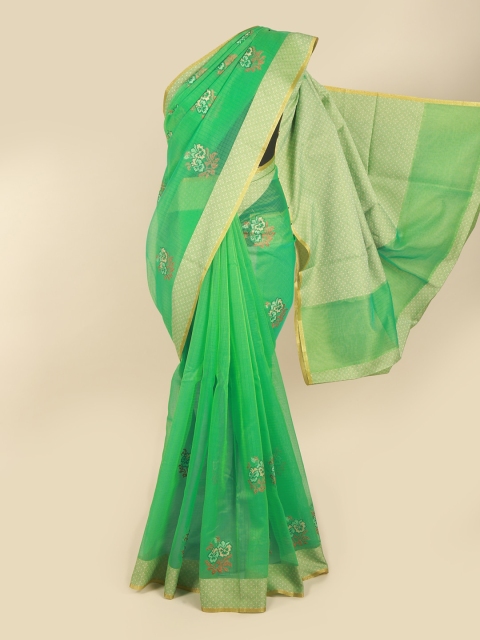 

Pothys Green & Gold-Toned Floral Zari Supernet Saree