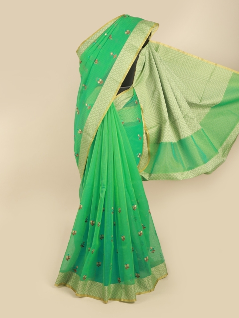 

Pothys Green & Gold-Toned Floral Embroidered Supernet Saree