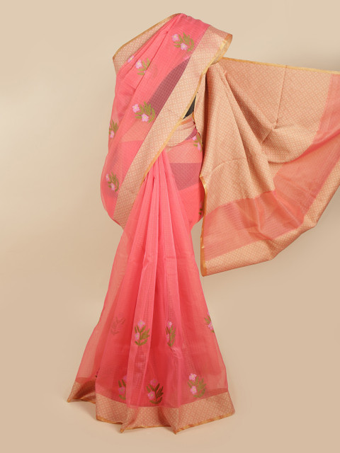 

Pothys Pink & Green Floral Supernet Saree