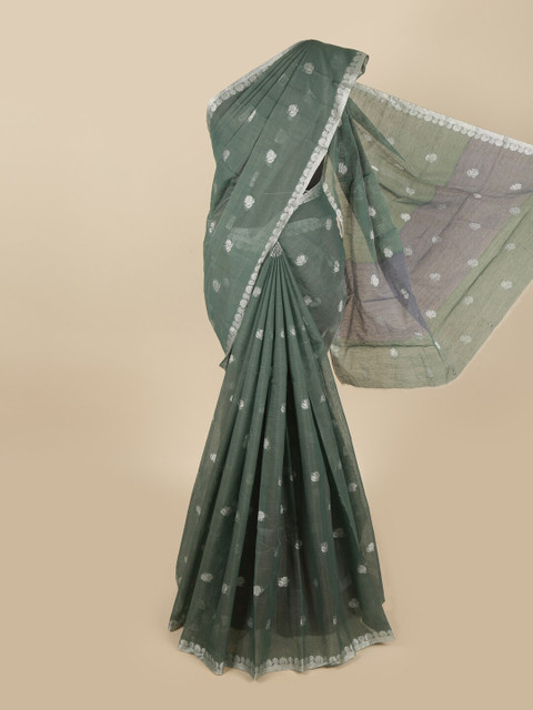 

Pothys Green & Silver-Coloured Ethnic Motifs Woven Design Saree
