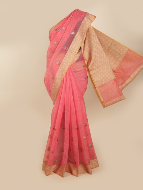 

Pothys Pink & Blue Floral Zari Supernet Saree