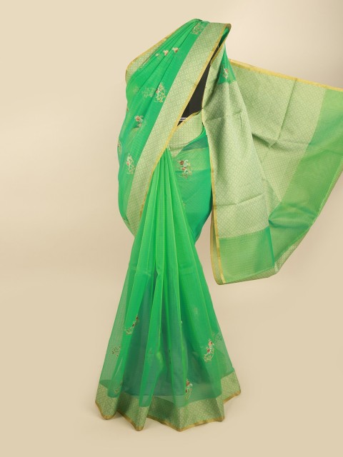 

Pothys Green & Gold-Toned Floral Embroidered Supernet Saree