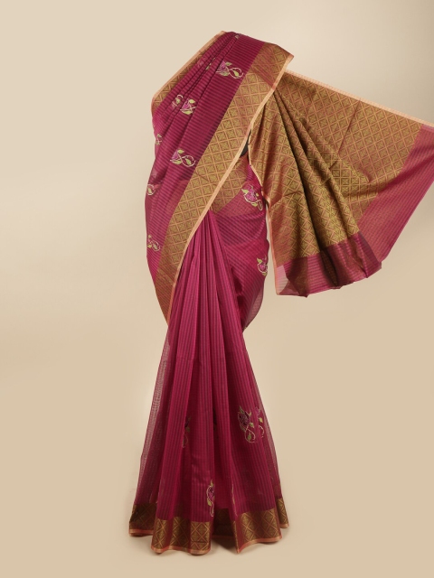 

Pothys Pink Floral Embroidered & Striped Super Net Saree