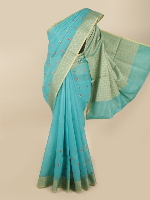 

Pothys Blue & Green Floral Embroidered Supernet Saree