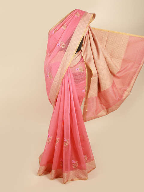 

Pothys Pink & Gold-Toned Floral Supernet Saree