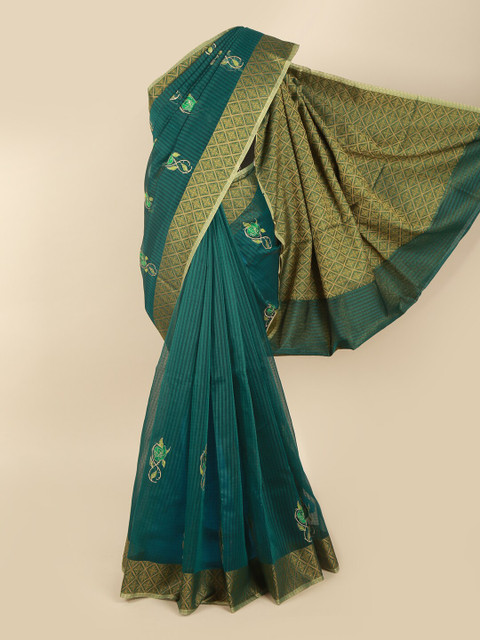 

Pothys Green & Gold-Toned Floral Supernet Saree