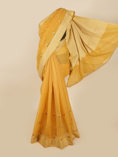 

Pothys Mustard Yellow & Gold-Coloured Ethnic Motifs Embroidered Supernet Saree