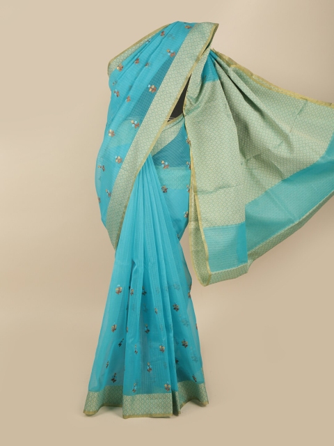 

Pothys Blue & Gold-Toned Floral Embroidered Supernet Saree