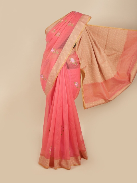 

Pothys Pink & Green Floral Embroidered Supernet Saree