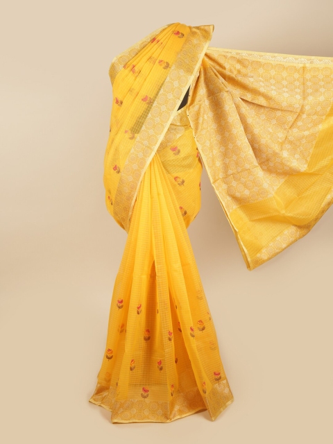 

Pothys Yellow & Magenta Floral Embroidered Supernet Saree