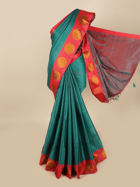 

Pothys Green & Red Paisley Kora Silk Saree