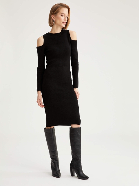 

DeFacto Women Black Solid Cold-Shoulder Sleeves Bodycon Dress