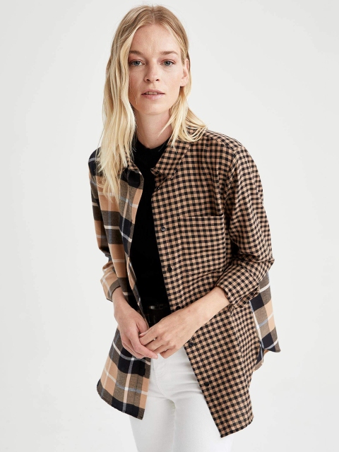 

DeFacto Women Beige & Black Checked Casual Shirt