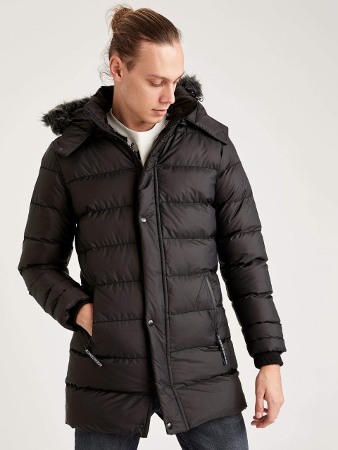 

DeFacto Men Black Solid Slim Fit Hooded Overcoat with Faux Fur