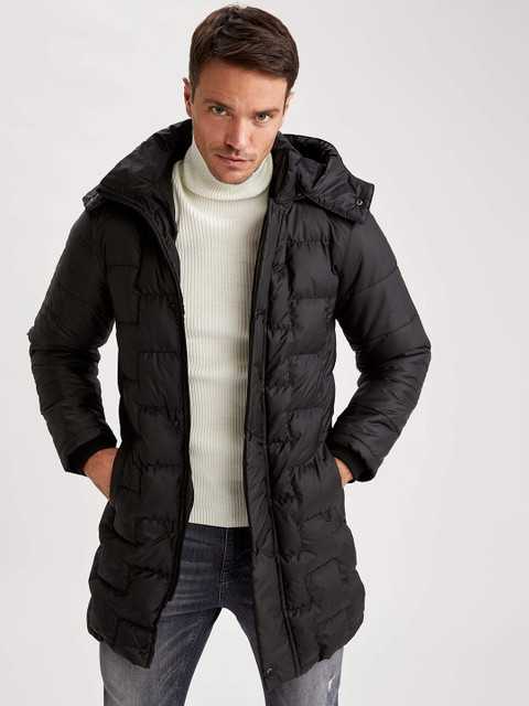 

DeFacto Men Black Solid Slim Fit Hooded Overcoat