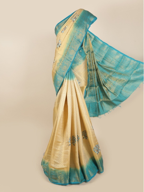 

Pothys Cream-Coloured & Turquoise Blue Woven Design Zari Tissue Saree
