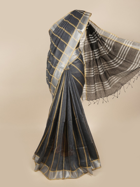 

Pothys Grey & Gold-Toned Striped Zari Linen Blend Saree