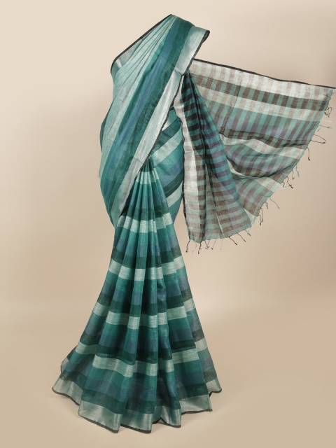 

Pothys Green & Blue Striped Zari Linen Blend Saree
