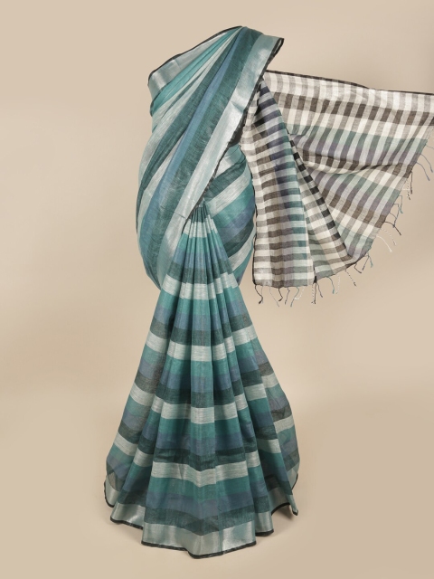 

Pothys Green & Silver Striped Linen Blend Saree