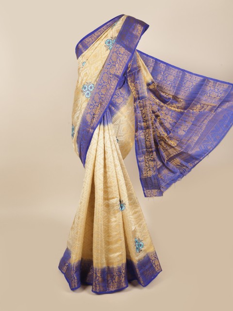 

Pothys Cream-Coloured & Blue Floral Tissue Saree
