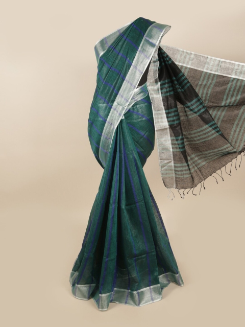 

Pothys Green & Blue Striped Zari Linen Blend Saree