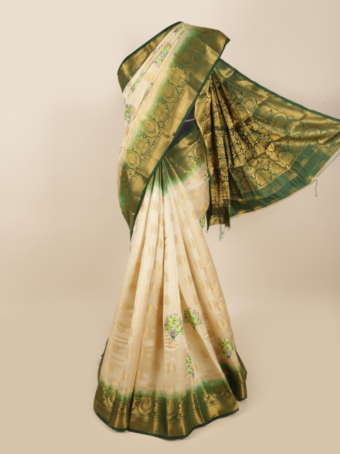 

Pothys Women Cream-Coloured & Green Embroidered & Woven Designed Tissue Saree