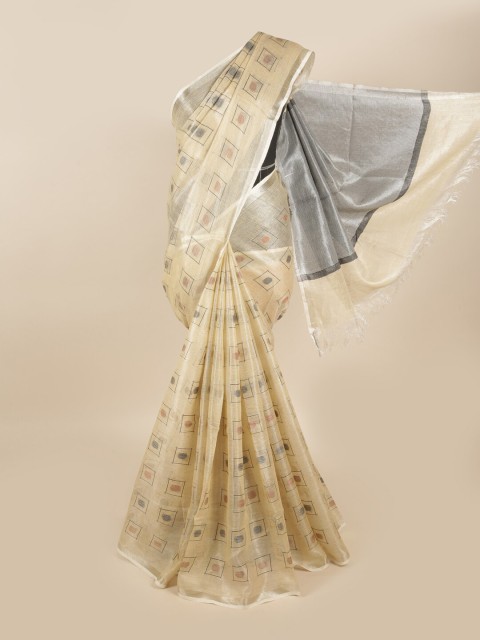 

Pothys Cream-Coloured & Grey Woven Design Zari Linen Blend Saree