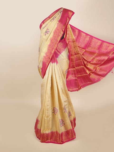 

Pothys Cream-Coloured & Magenta Floral Zari Tissue Saree
