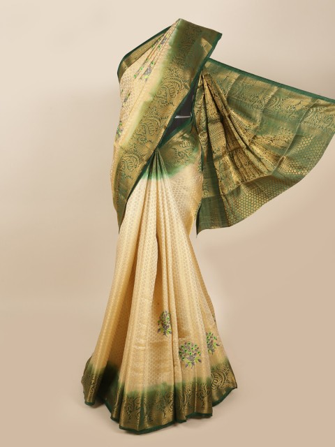 

Pothys Cream-Coloured & Green Ethnic Motifs Zari Tissue Saree