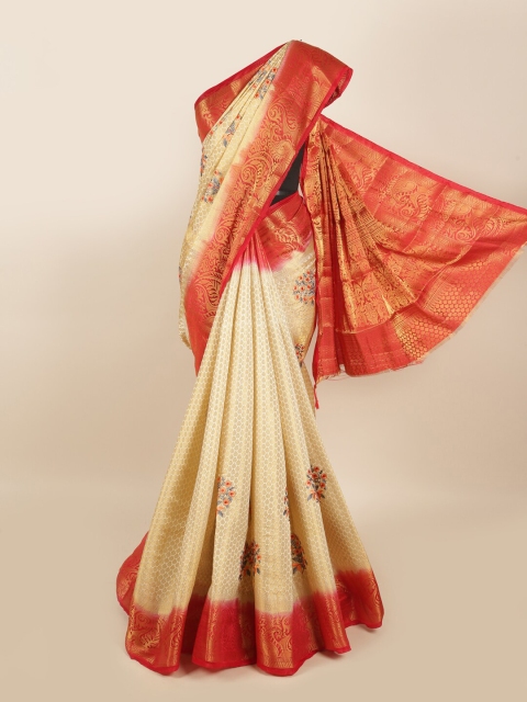 

Pothys Cream-Coloured & Red Floral Tissue Saree