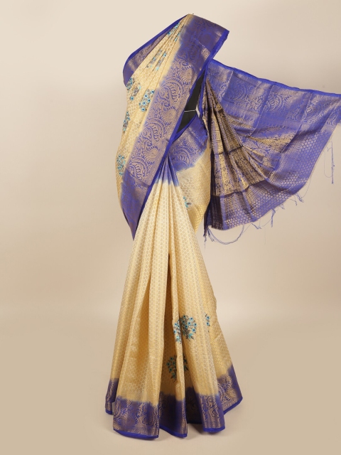 

Pothys Cream-Coloured & Blue Woven Design Tissue Saree